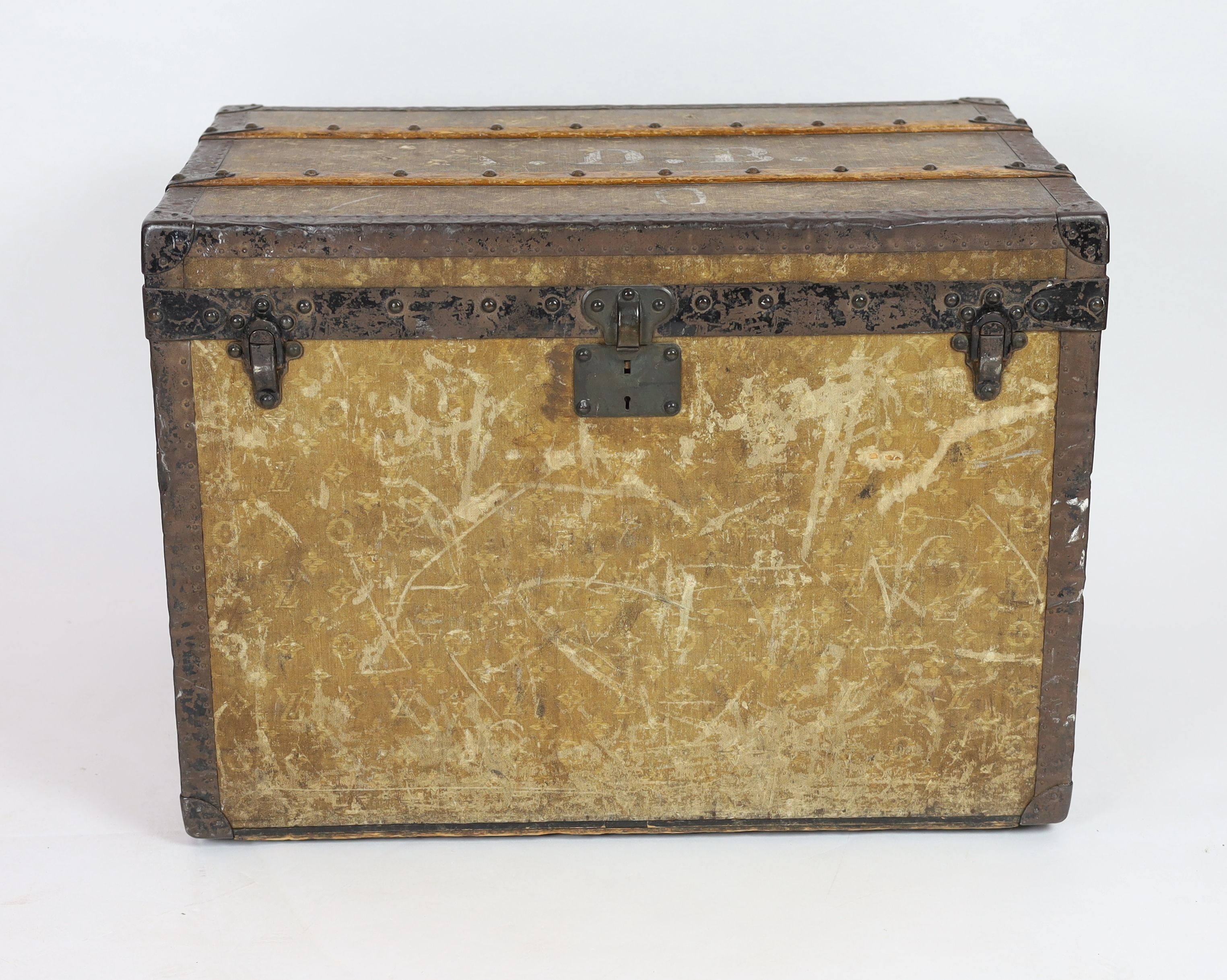 An early 20th century Louis Vuitton iron bound travelling trunk, width 76cm, depth 48cm, height 55cm